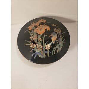 Black Gold Trinket Dish with Lid Made in Japan Flowers and Bird